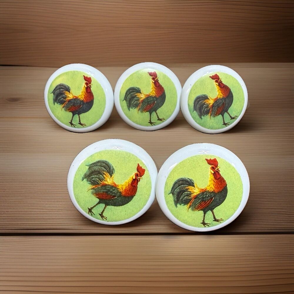 Vtg Set Of 5 Rooster Ceramic Cabinet Knobs 1" Round Only 3 Screws Cottage Farm